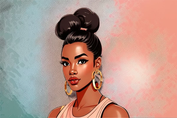 Illustration of pretty black woman with gold hoops, winged eyeliner, brows on fleek